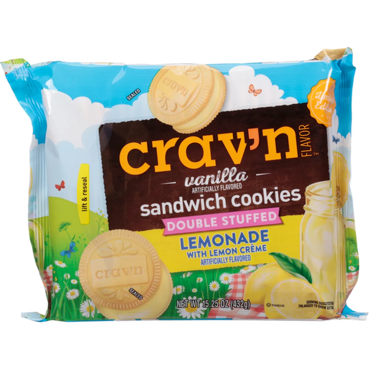 Crav'n Flavor Sandwich Cookies, Lemonade, Vanilla, Double Stuffed (15.