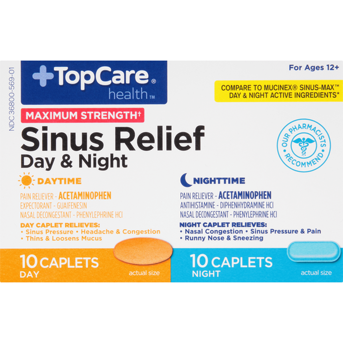 TopCare Sinus Relief, Day & Night, Maximum Strength, Caplets (20 ct ...