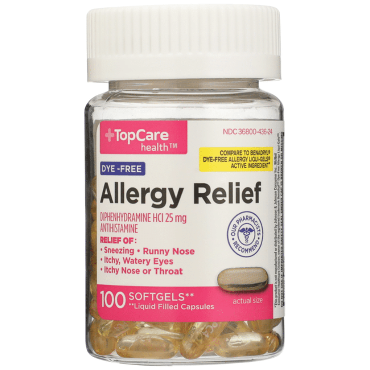 Topcare Allergy Relief Diphenhydramine Hcl 25 Mg Antihistamine Dye Free Softgels 100 Each 9286