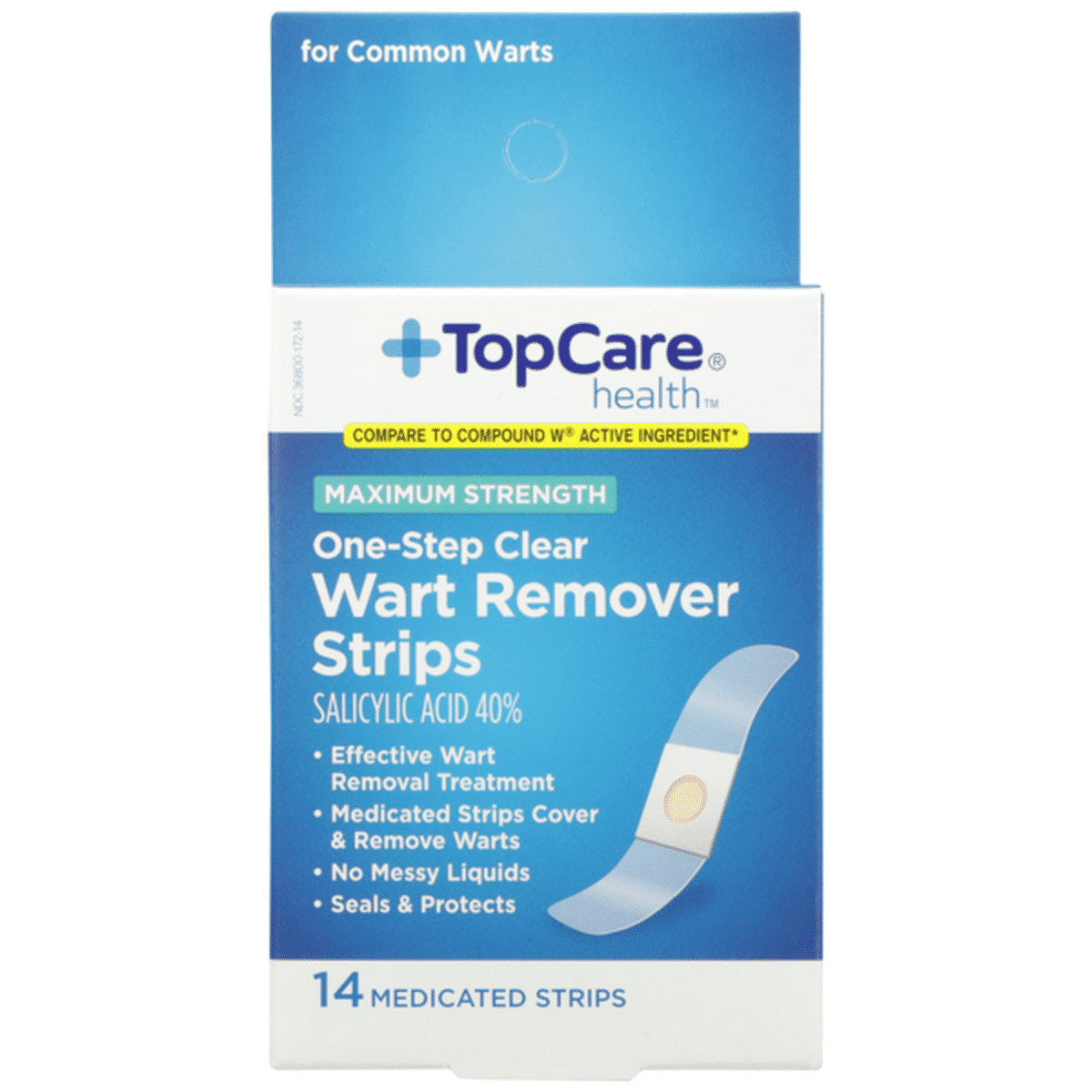 Topcare Maximum Strength One Step Wart Remover Salicylic Acid 40 Medicated Strips Clear 14 Ct