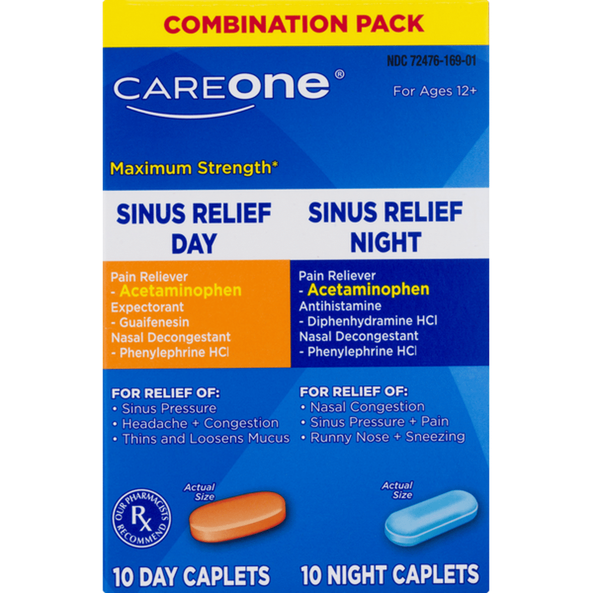 CareOne Maximum Strength Sinus Relief Day Night Caplets 20 Each