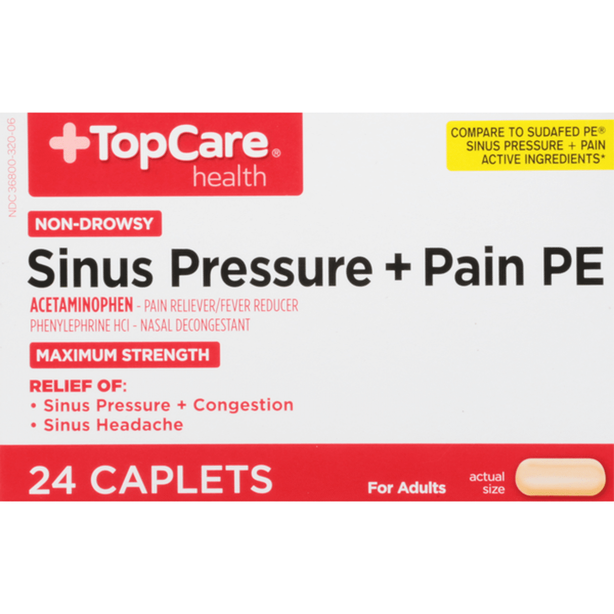 TopCare Sinus Pressure + Pain PE, Maximum Strength, Caplets, Non-Drowsy ...