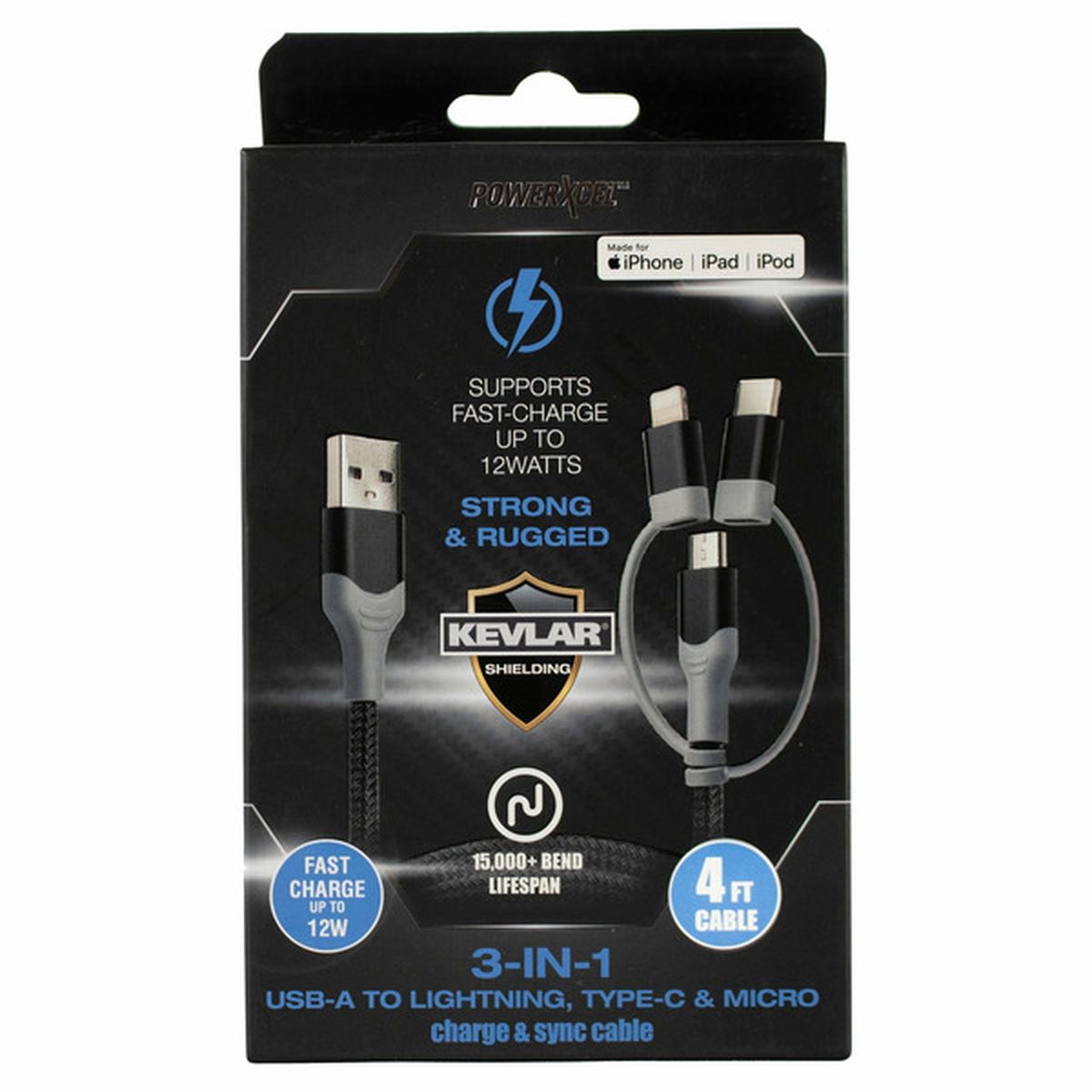 Powerxcel In Usb A To Lightning Type C Micro Charge Sync Cable Each Delivery Or