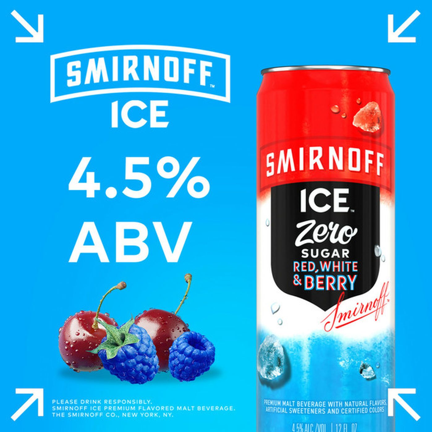 Smirnoff Ice Zero Sugar Red White & Berry, 12 fl oz, 12 Pack Cans, 4.5% ...