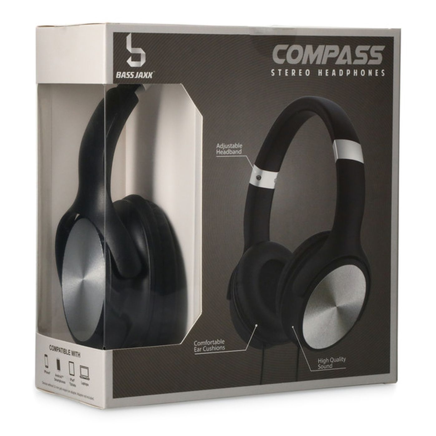 Bass Jaxx Compass Wired Stereo Headphones With Mic Black And Silver Each Delivery Or Pickup 8858