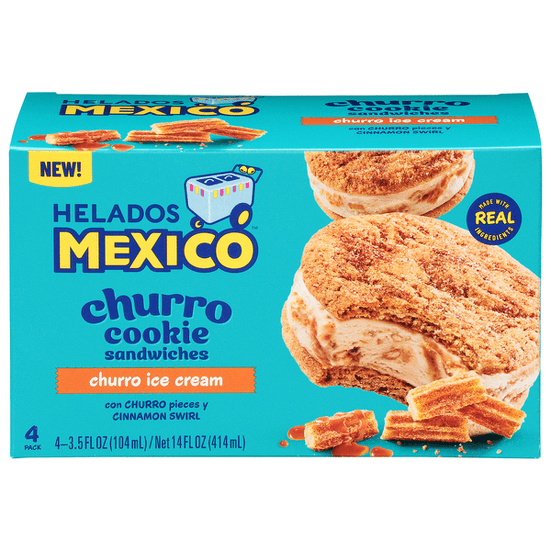 Helados Mexico Churro Cookie Sandwiches, Churro Ice Cream, 4 Pack 