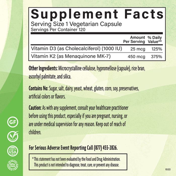 Natural Grocers 450 Micrograms Vitamin D3 + K2 Veg Capsules (120 ct ...