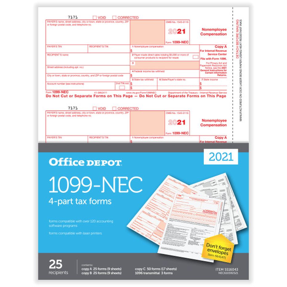 Office Depot 3Up 4Part 1099NEC Laser Tax Form Set 81/2" x 11" (25